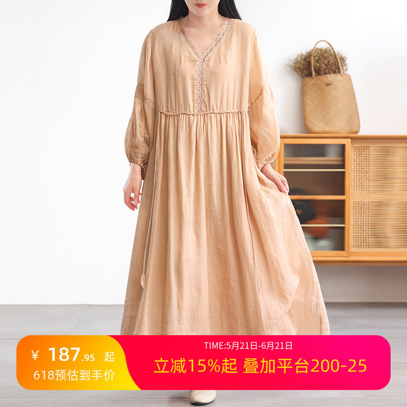 绿素棉 双层细苎麻连衣裙~慵懒飘逸 仙气简约宽松休闲泡泡袖长裙