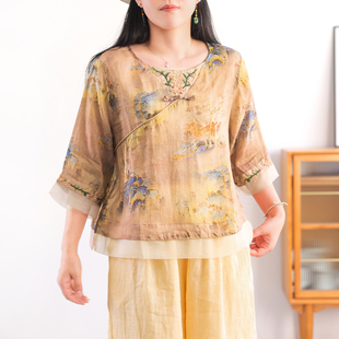 文艺复古欧根纱拼接提花套头衬衣夏装 新中式 女 苎麻印花刺绣小衫