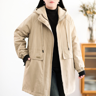 不挑人冬装 绿素棉 派克加绒加厚宽松大码 全棉中长工装 连帽棉服女