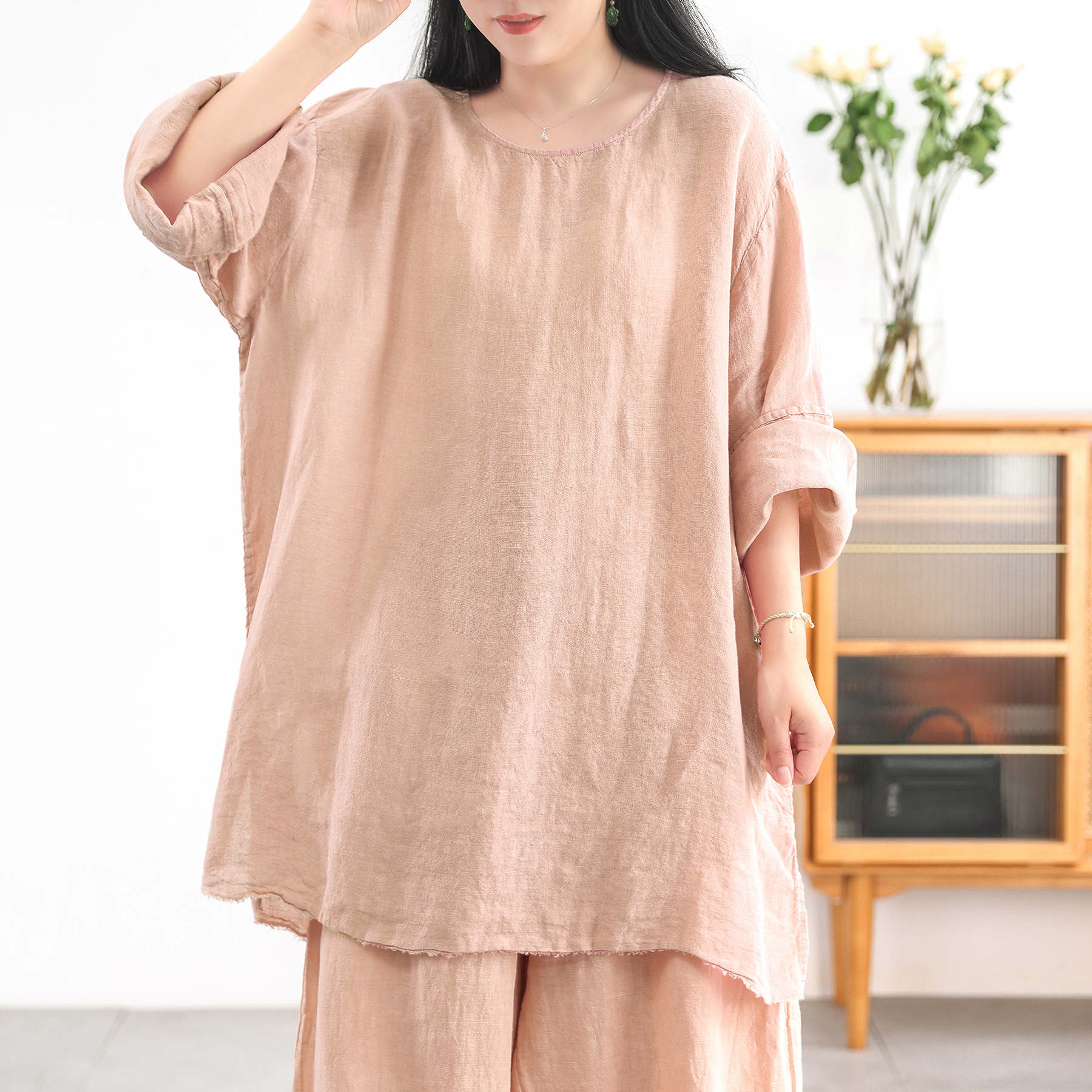 禅意净版中长款亚麻T恤~夏装新品