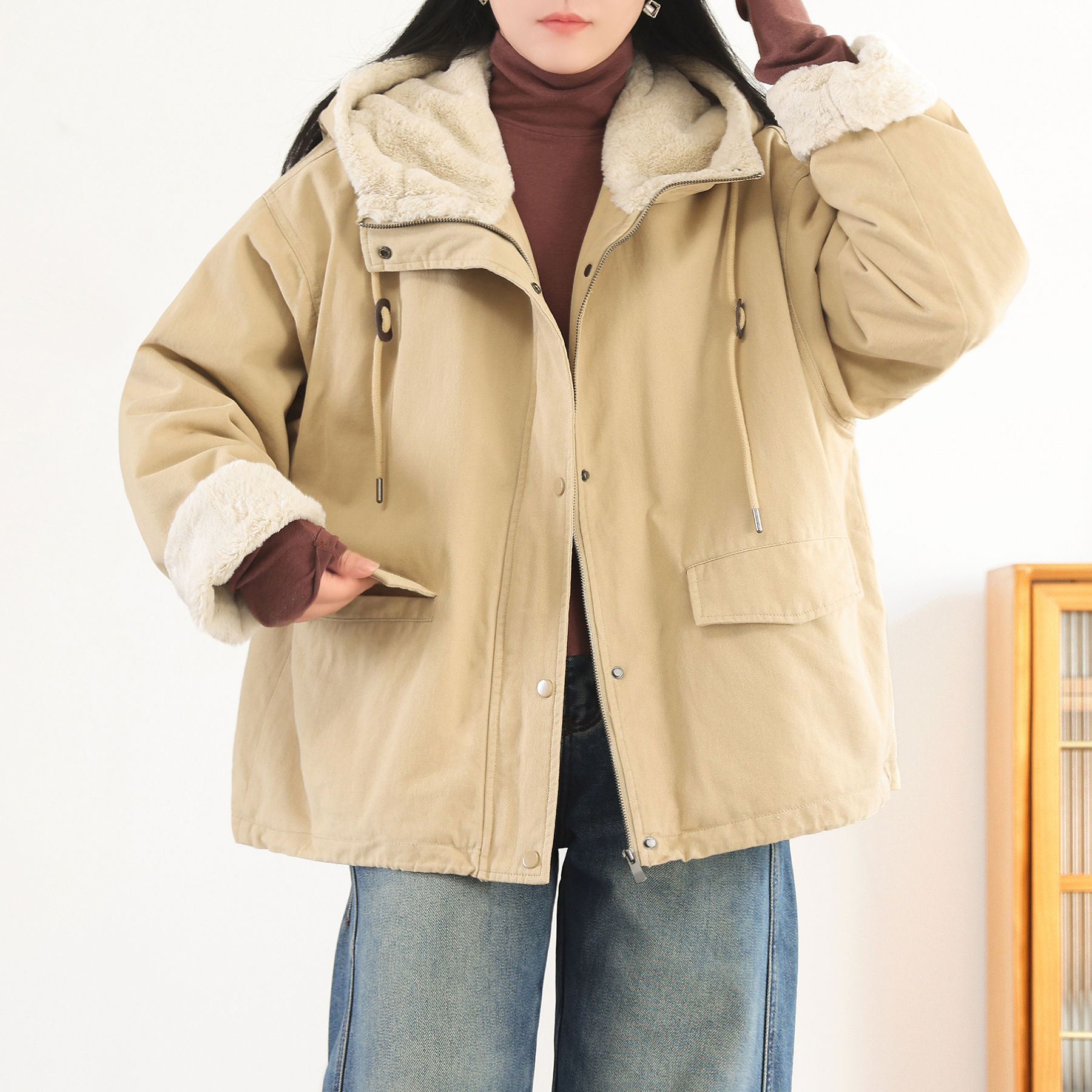 连帽工装棉衣加绒加厚宽松通勤女