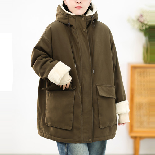 敲软毛毛工装连帽大口袋派克服女