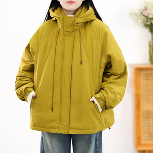 宽松显瘦大码 连帽夹棉棉服女冬 加厚保暖休闲外套 复古工装 绿素棉
