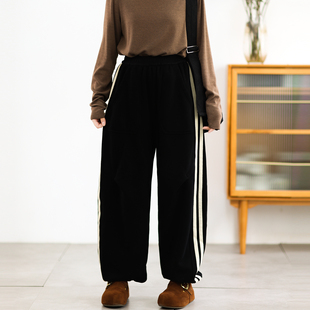 冬装 女加绒加厚松紧侧边条纹显瘦运动休闲裤 直筒束脚卫裤 绿素棉