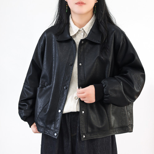 翻领PU机车夹克短款百搭小个子春