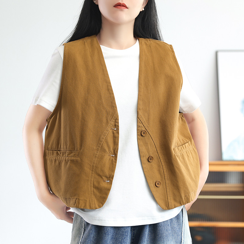 绿素棉 文艺复古简约V领马甲开衫~森女系 纯色百搭休闲无袖马夹