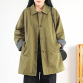 新品 英伦风2025秋季 宽松休闲外套 设计感格纹撞色翻领风衣 绿素棉