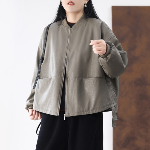 机车风PU皮棒球领短款夹棉外套女