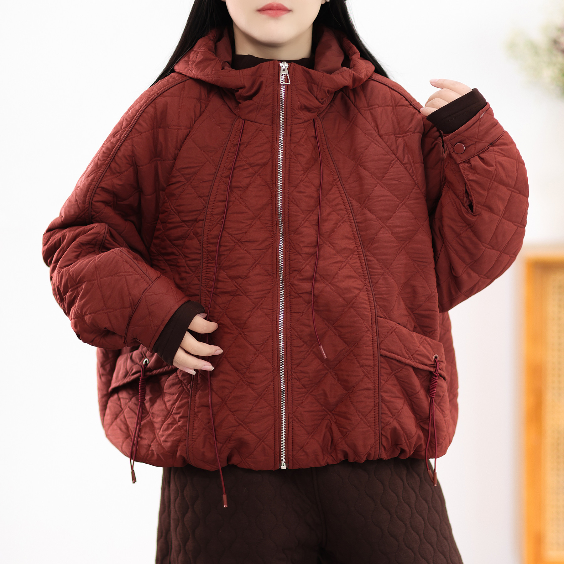 绿素棉 复古O型菱格夹棉连帽棉衣女立体裁剪视觉显瘦宽松大版棉服