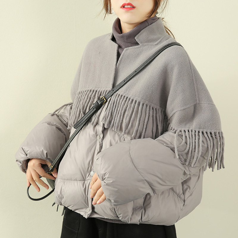 短款毛呢流苏加厚冬季拼接羽绒服