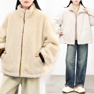 两面穿羊羔绒立领棉衣外套女冬 宽松城市游牧风 复古加绒加厚大码