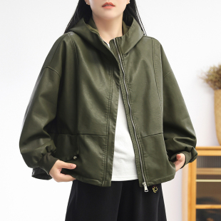 三七分宽松显瘦休闲短外套 小个子 绿素棉 极简连帽PU皮衣女外套
