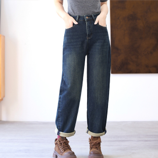 女 四面弹植绒牛仔裤 经典 百搭 冬 绿素棉 梨形复古小脚直筒裤 窄版
