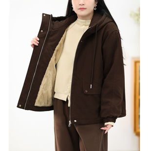 工装 保暖女 连帽派克服冬纯棉加绒加厚宽松休闲外套棉衣棉服大码