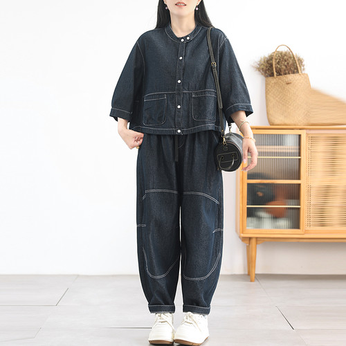 明线牛仔套装百搭显瘦大码女装夏