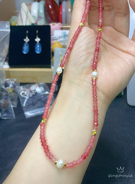 天然海蓝色玉髓/桃红色玉髓珍珠项链，清新百搭。