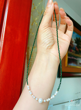 祖母绿色尖晶珍珠项链锁骨链，简约大方时尚百搭。