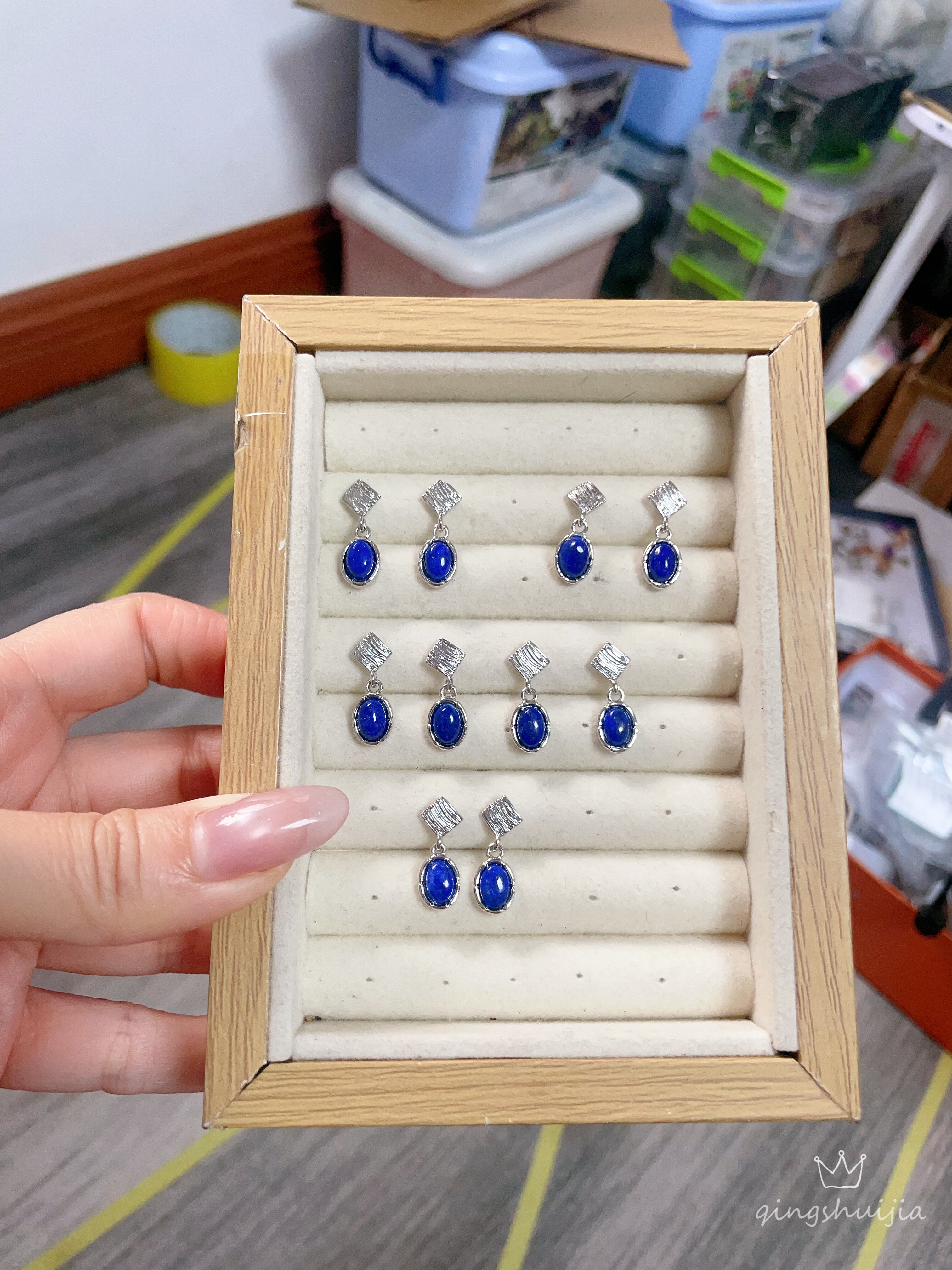 天然青金石耳钉耳饰青金石耳钉珠子卡6mm925银针百搭款