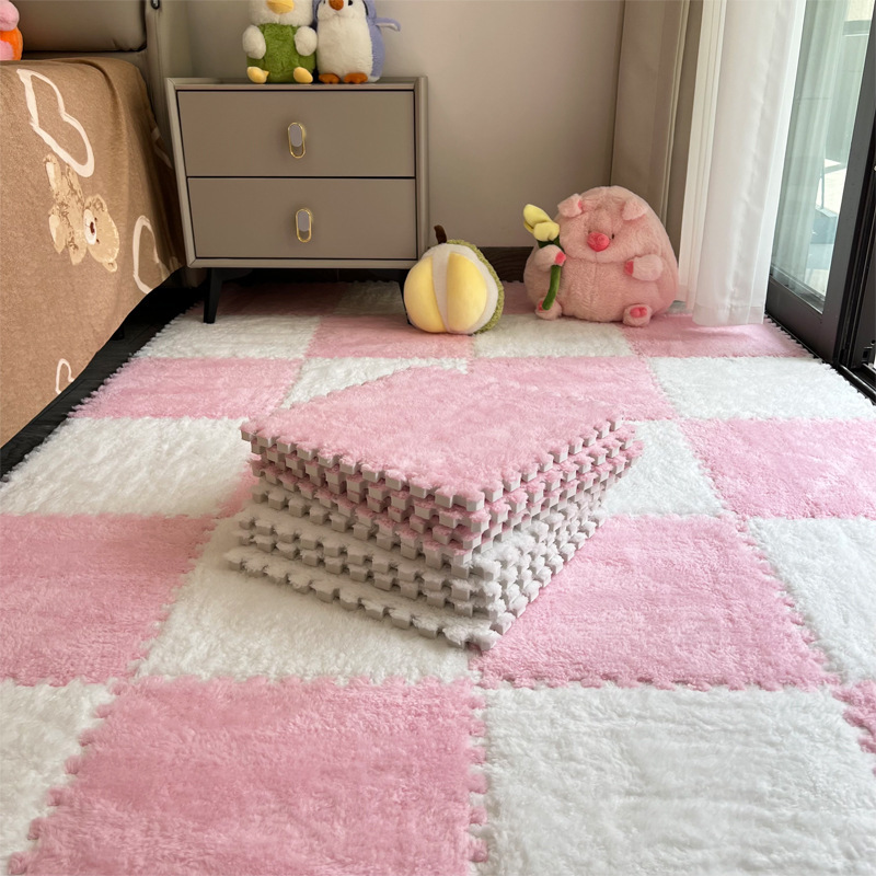 简约拼接地垫毛绒拼接爬行垫粉色格子儿童房卧室客厅地毯式地垫