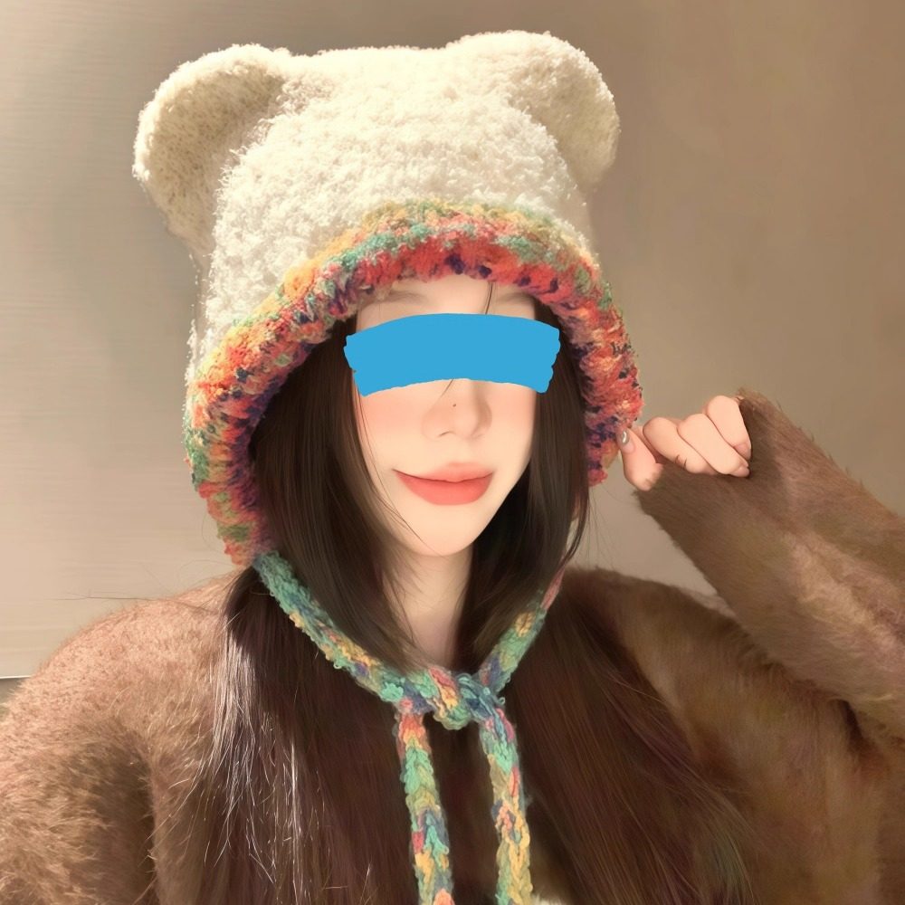 可爱泰迪绒小熊耳朵绑带针织帽