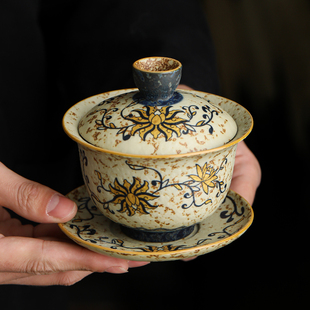 古风带盖子泡茶 青花火石红三才盖碗陶瓷茶杯家用大号单个高档中式