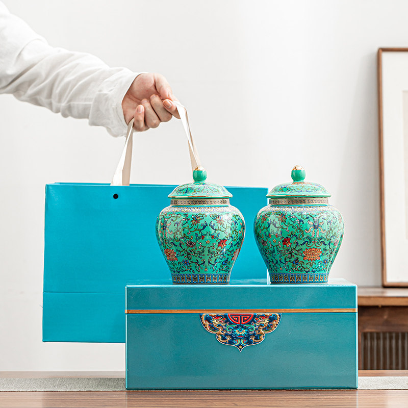将军罐珐琅彩陶瓷茶叶罐高档中式茶叶包装盒空盒高端钢琴烤漆木盒