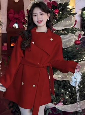 复古红色毛呢短款斗篷大衣女秋冬季加厚小个子高级感赫本风外套