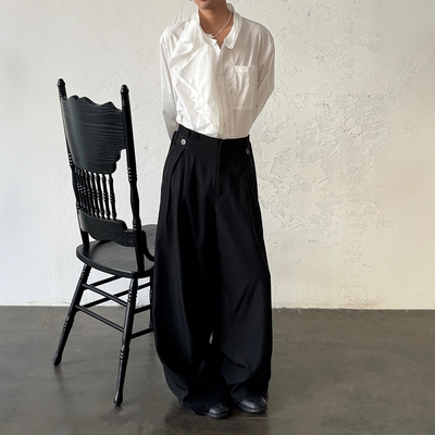 PCGO复古可调节系带褶皱垂感西裤