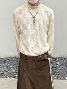 [PCGO]14GSL山本风复古蕾丝镂空波浪纹半高领针织长袖男女打底衫