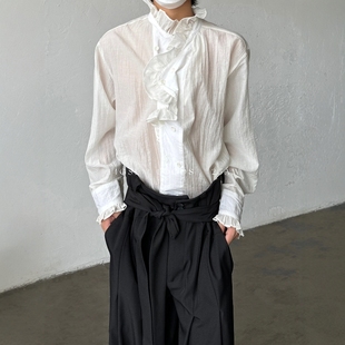 [PCGO]14GSL小众设计感山本风波浪花边高领长袖衬衫男女高级衬衣