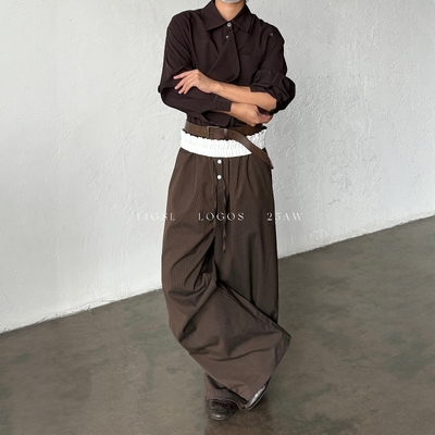 PCGO山本风松紧腰条纹阔腿西裤