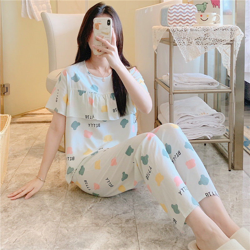防凸点甜美睡衣女夏超薄棉绸夏天短袖长裤荷叶边套装家居服人造棉