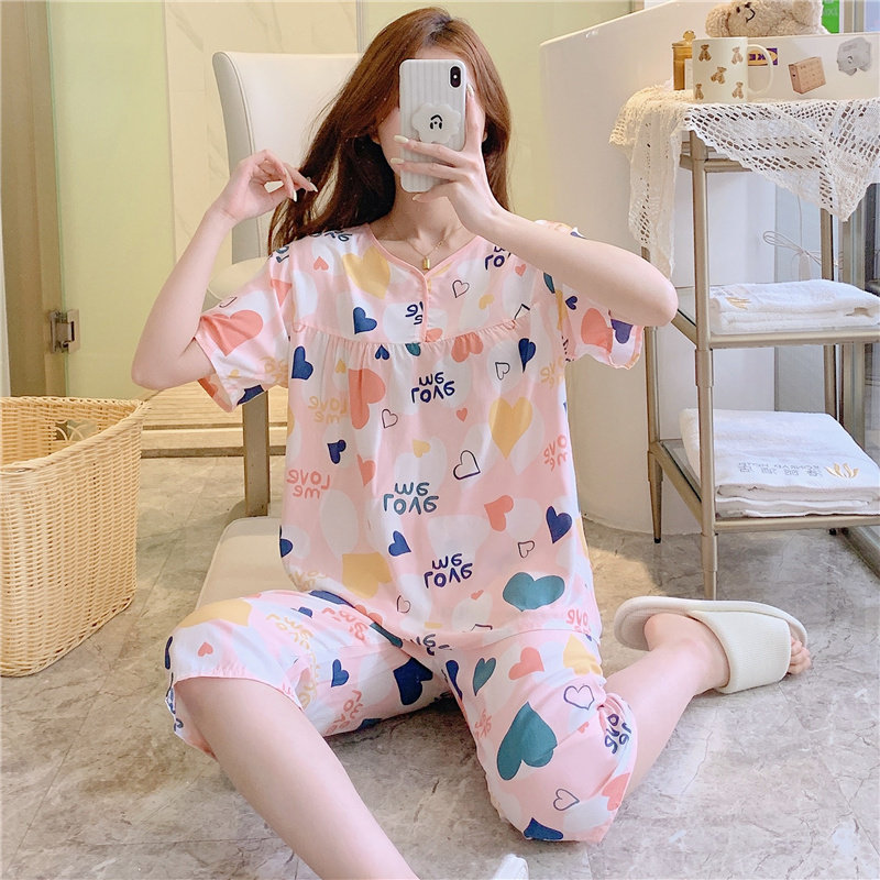 棉绸睡衣女夏季薄款短袖中裤套装可爱人造棉甜美凉感绵绸家居服夏