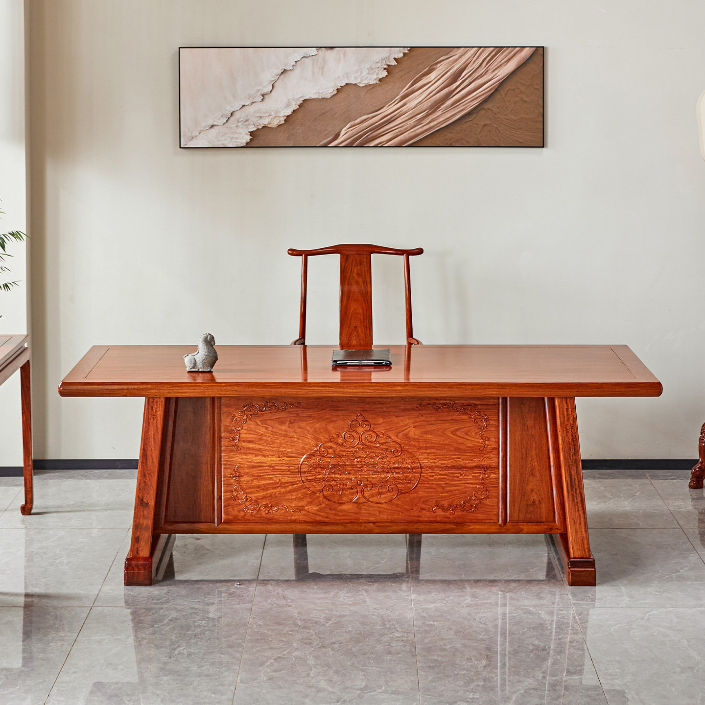 缅甸花梨木新中式书桌全实木办公桌大果紫檀画案红木雕花老板桌子