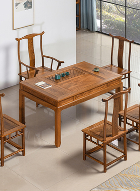 红木家具鸡翅木茶桌椅组合实木仿古茶台中式茶艺桌禅意功夫泡茶桌