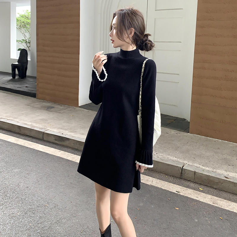 秋冬新款内搭针织洋装女小黑裙中长版打底小个子毛衣a字毛衣裙