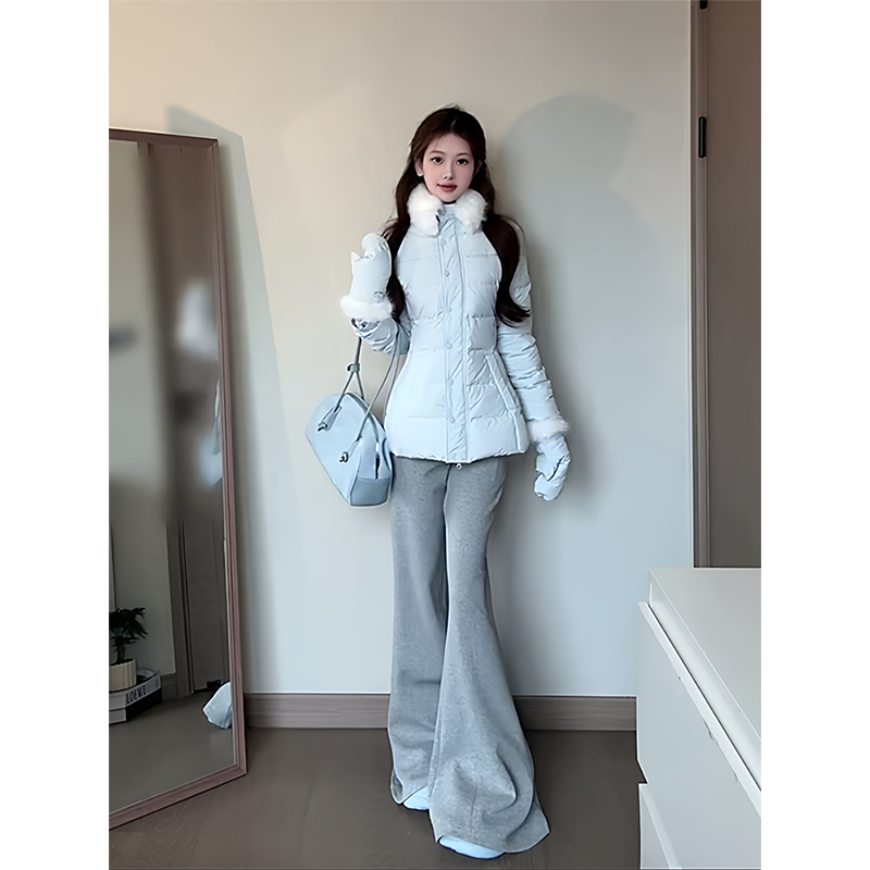 韩系温柔风蓝色毛领排骨