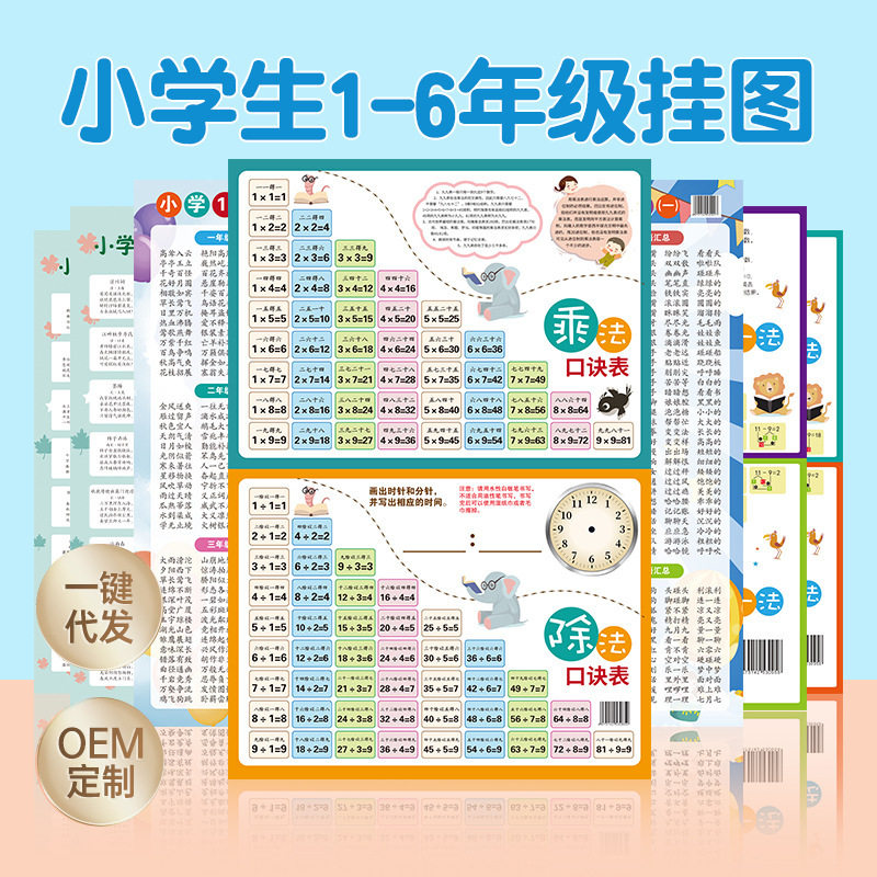 1-6年级挂图启蒙早教无声版数学拼音字母小学语文古诗知识点汇总