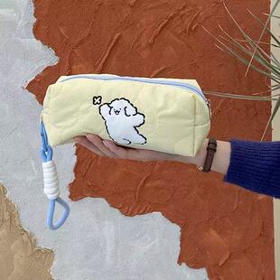 可爱线条小狗印花手提笔袋女生2025新款大容量文具袋铅笔盒便携化妆品收纳包高颜值ins风文具盒小众不撞款