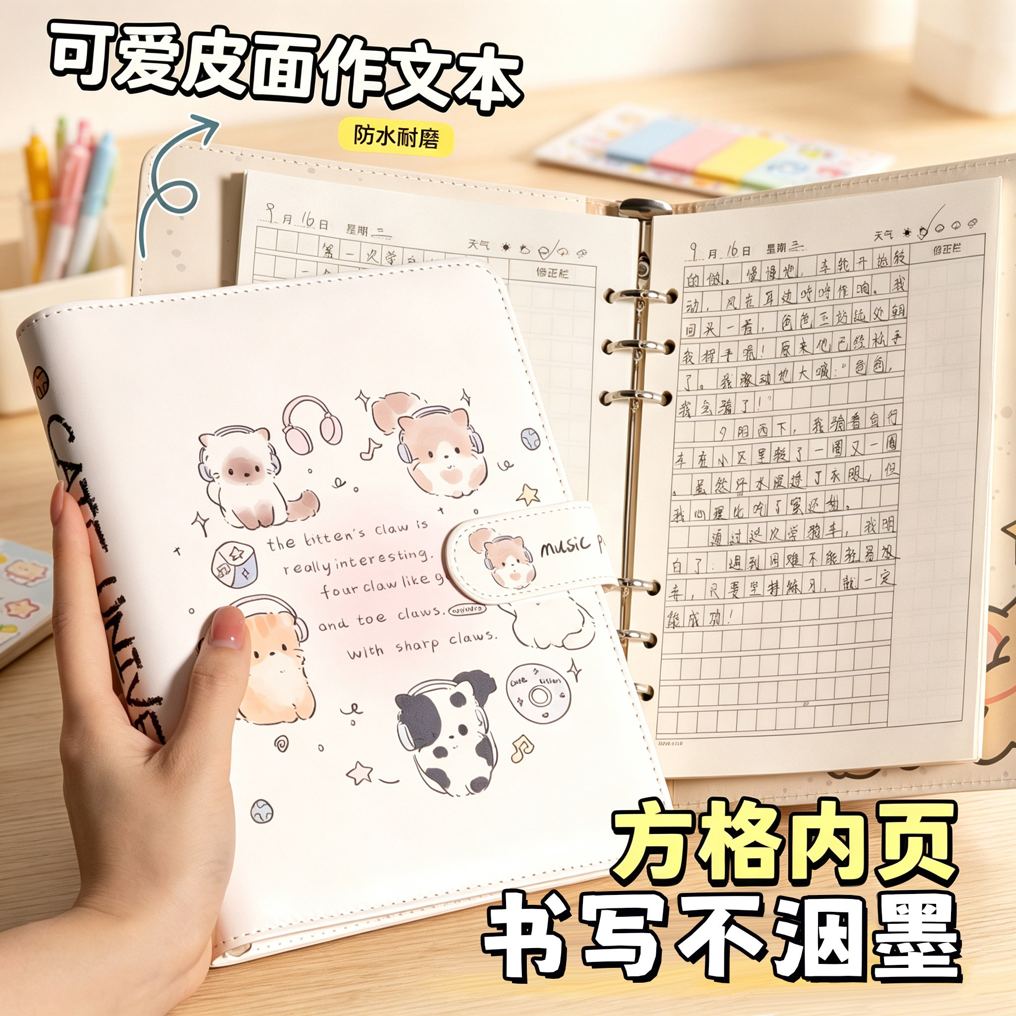 A5加厚皮面活页作文本小学生专用作文格笔记本子日记本大本子初中生新款方格本语文本作业摘抄本开学必备文具
