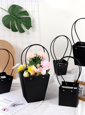 防水插花手提袋黑色盆栽多肉拎袋花艺包装盒牛皮纸梯形方形粉色袋