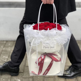 透明鲜花手提袋教师节节日抖音小花束盆栽多肉盒小香风专用拎袋子