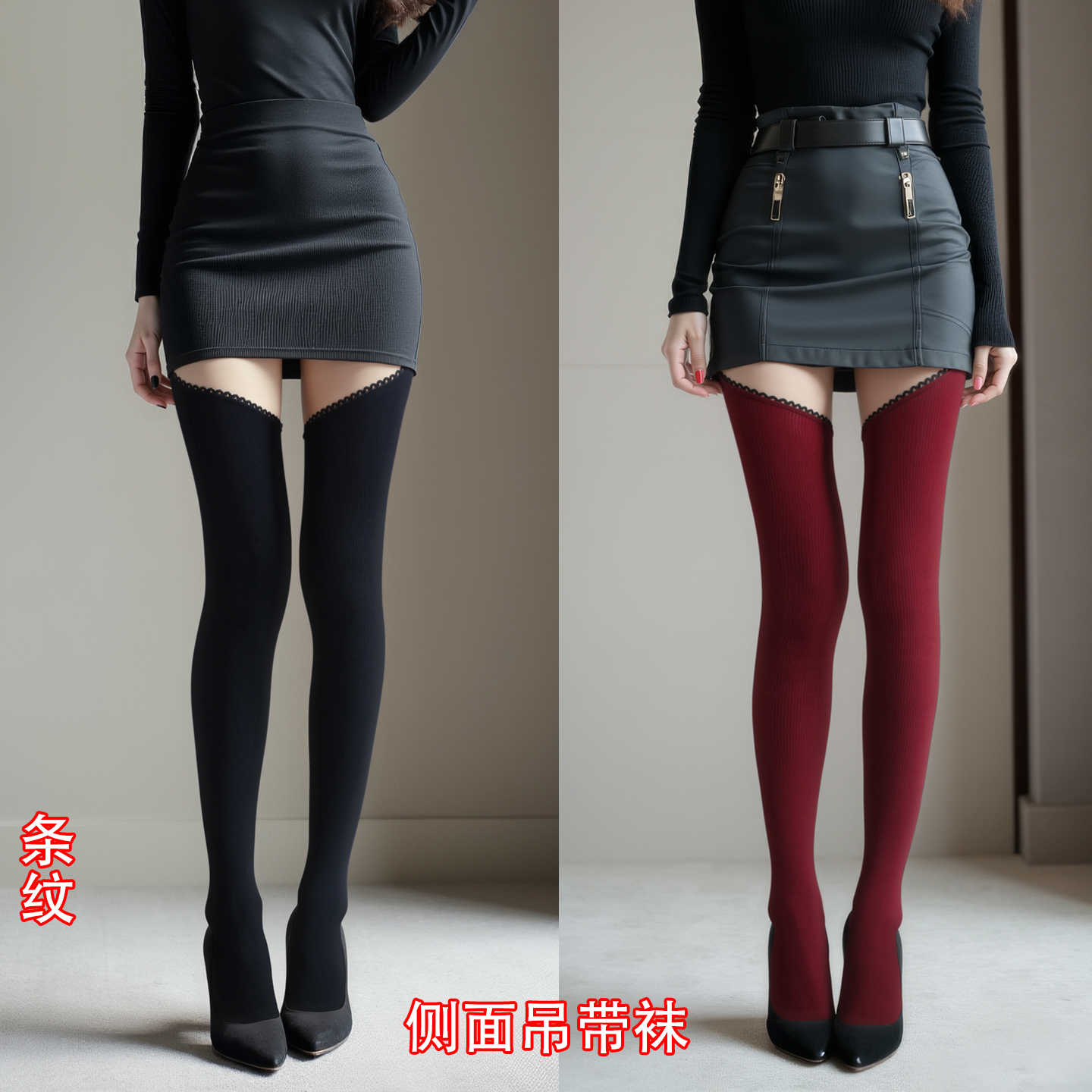 侧面吊带性感春秋立体条纹显瘦连裤袜女丝袜天鹅绒打底袜大腿袜子