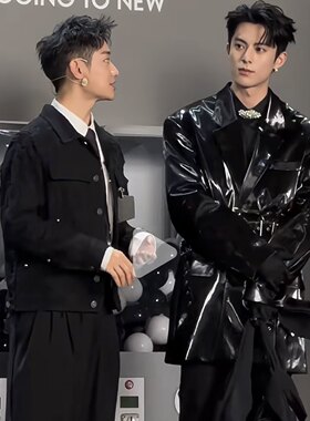 suddison自制棣棣pu亮皮牛角扣西装男中长款走秀mv表演潮服