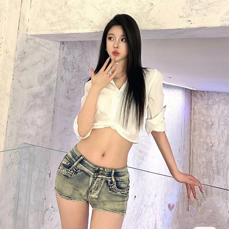 合体韩版纽扣长袖棉褶皱衬衫