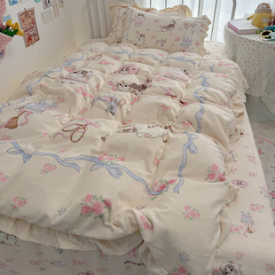 原创冬季牛奶绒四件套保暖床上用品可爱少女花边被套毛绒绒少女心