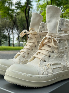 RO FABLED 帆布鞋男鞋高帮鞋单鞋米白色挂线流苏潮鞋女系带板鞋