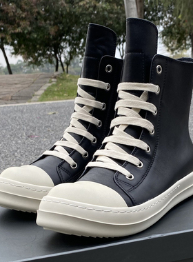 RO FABLED 高帮鞋男真皮冬季鞋奶香底黑白厚底系带休闲板鞋靴潮