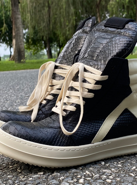 2023秋季新款RO FABLED倒三角男鞋高帮鞋蛇纹黑色真皮欧美潮鞋靴