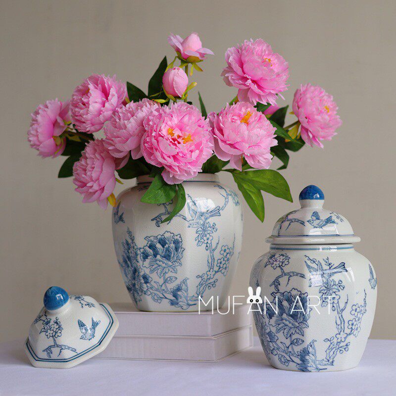 青花瓷陶瓷花瓶八角形罐冰裂花瓶家居客厅插花床和早餐装饰摆件礼